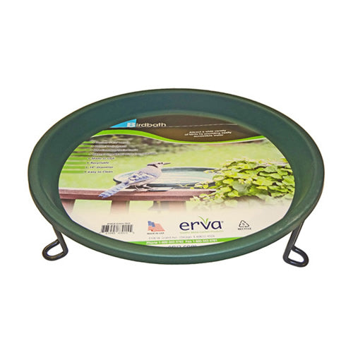 Ground Level Bird Bath, Green: A round birdbath with a bird image, featuring a sturdy steel support ring and a removable BPA-free plastic basin for easy cleaning.