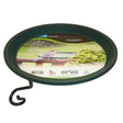 Quick Connect Bird Bath with a round tray, bird design, and black handle. Attaches to 1-inch poles, easy to clean, durable construction.