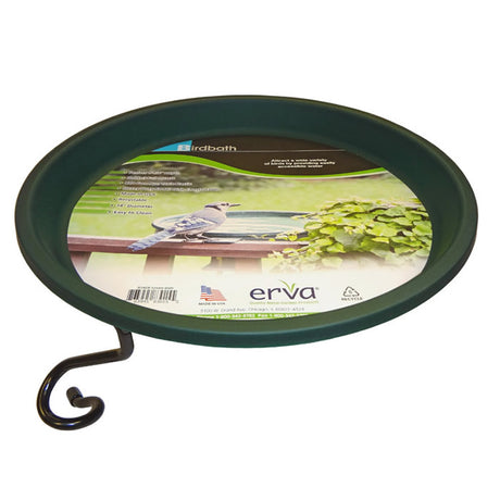 Quick Connect Bird Bath with a round tray, bird design, and black handle. Attaches to 1-inch poles, easy to clean, durable construction.