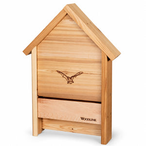Woodlink Cedar Bat Chalet with a peaked roof, engraved bat design, and lower landing board on a white background.