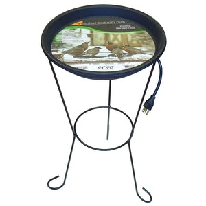 Black heated bird bath with a round dish, three-legged wire patio stand, and power cord on a white background.