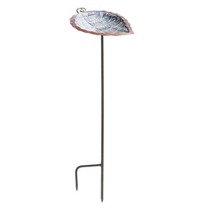 Aspen Leaf Bird Bath with Stake: Metal stand holding a leaf-shaped brass basin with embossed details for birds, supported by a 36-inch wrought iron stake.