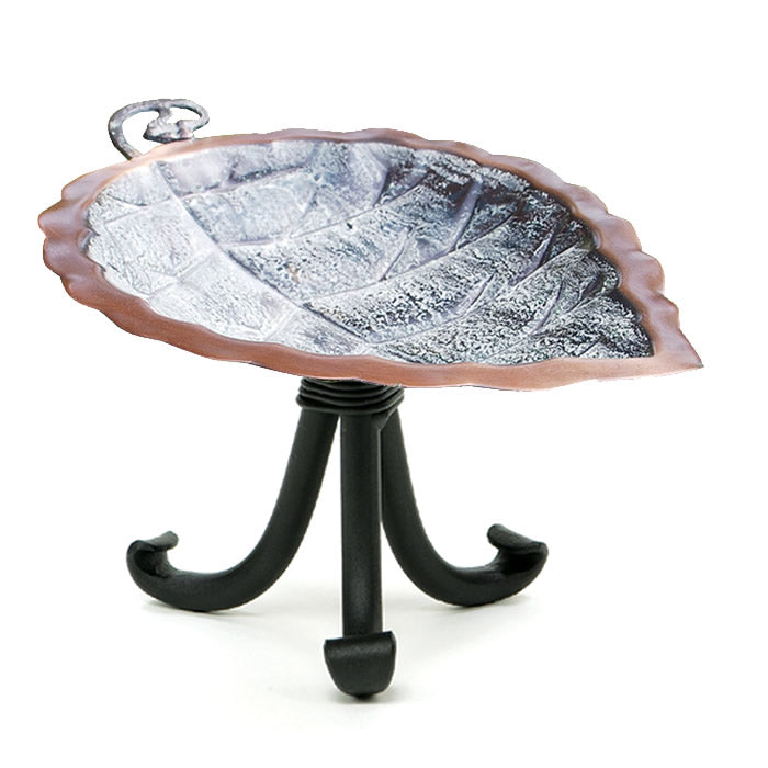 Aspen Leaf Birdbath with Tripod Stand, featuring a metal leaf-shaped bowl on a decorative wrought iron stand, perfect for attracting birds to your yard.