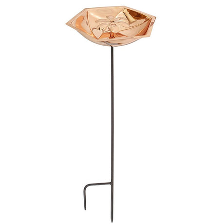 Bee Fountain Bird Bath with Stake featuring a copper-plated basin with flower petals, supported by a 36-inch bronze-finished wrought iron stake. Ideal for pollinators.