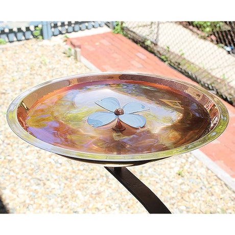 Dogwood Bird Bath with Rail Mount Bracket featuring a central dogwood blossom, sturdy metal construction, and a two-inch deep basin for birds and pollinators.