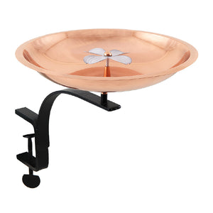 Dogwood Bird Bath with Rail Mount Bracket featuring a copper bowl with a white flower, designed for birds and pollinators, secured by a wrought iron bracket.