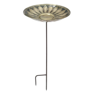 African Daisy Bird Bath with Stake featuring an embossed basin on a tall metal stand, designed for stability and easy installation in your garden.