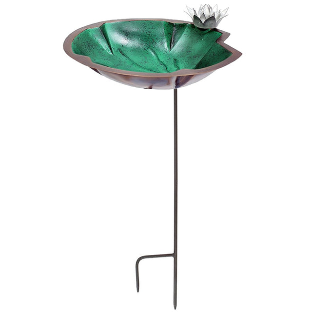 Lily Pad Bird Bath with Stake featuring a lily pad design, white flower accent, and perching room for birds on a copper-plated brass basin.