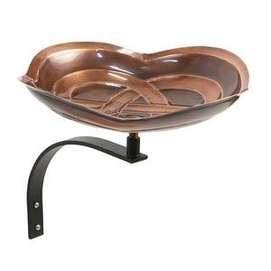 Dara Knot Birdbath with Wall Mount Bracket: copper-plated brass bowl featuring intricate Celtic designs, perfect for easy bird watching.