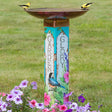 Garden Glory Bird Bath with bird illustrations, copper-plated topper, and an 18-inch diameter basin on a 31-inch PVC post, featuring “Garden Glory” text.