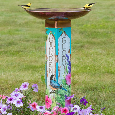 Garden Glory Bird Bath with bird illustrations, copper-plated topper, and an 18-inch diameter basin on a 31-inch PVC post, featuring “Garden Glory” text.