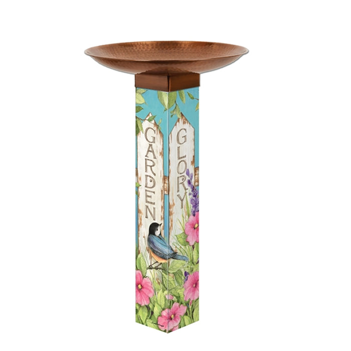 Garden Glory Bird Bath with copper-plated, hand-hammered bowl, full-color illustrations by Susan Winget, and durable PVC post.