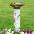 Sing for Joy Birdbath featuring birds and flowers, with a copper-plated stainless steel topper and a durable, illustrated PVC post.