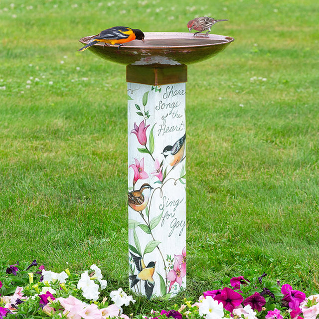 Sing for Joy Birdbath featuring birds and flowers, with a copper-plated stainless steel topper and a durable, illustrated PVC post.