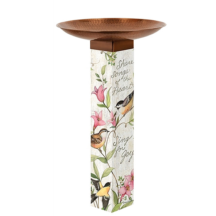 Sing for Joy Birdbath featuring a copper-plated stainless steel bowl, laminated art post with Susan Winget illustrations, and a 31-inch tall PVC post.