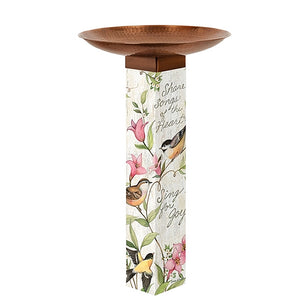 Sing for Joy Birdbath featuring a copper-plated stainless steel bowl, laminated art post with Susan Winget illustrations, and a 31-inch tall PVC post.