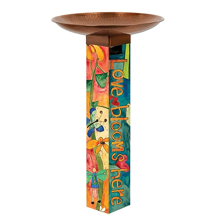 Love Garden Bird Bath with copper-plated metal bowl, vibrant floral artwork, and durable PVC post. Features “Love blooms here” and “Live, Love, Garden” text.