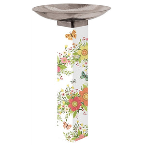 Choose Happy Bird Bath featuring a PVC post with flower and butterfly designs, stainless steel topper, and 18-inch diameter basin for birds to enjoy.