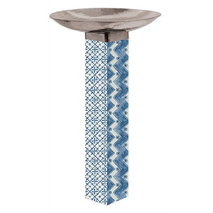 Windjammer Bird Bath featuring a stainless steel bowl on a decorated pedestal with blue and white nautical patterns, ideal for garden birdwatching.