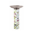 Garden Song Birdbath featuring butterfly and flower illustrations by Susan Winget, with a rust-resistant silver-plated topper and durable PVC post, perfect for garden enthusiasts.