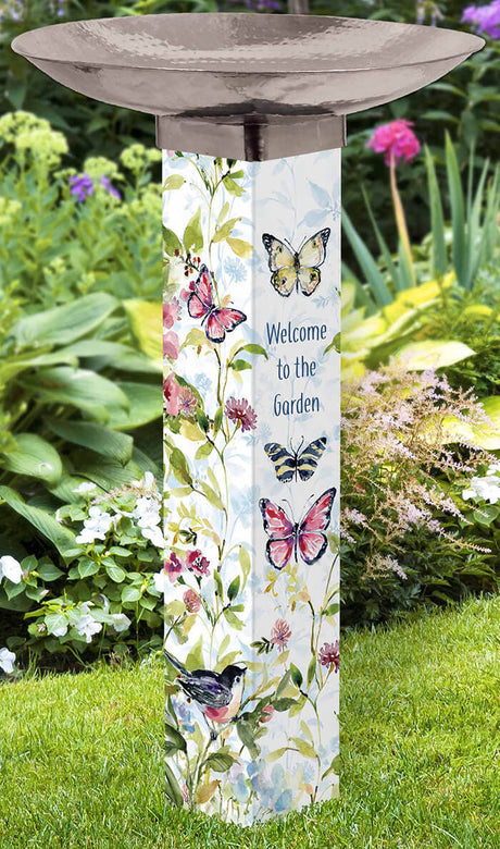 Garden Song Birdbath with butterfly and flower illustrations, stainless steel topper, and all-weather PVC post, perfect for garden decor and birdwatching.