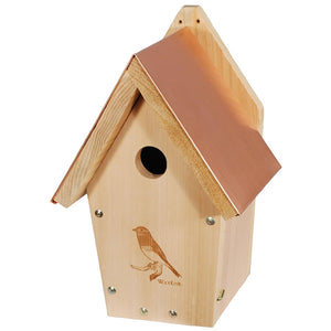 Coppertop Cedar Bluebird House with a copper roof, laser-etched bluebird design, ventilation, and drainage for cool nestlings. Made from weather-resistant cedar.