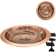 Fired Copper Bird Bath with Deck Bracket, featuring a 13.5 artisan-hammered copper bowl with a decorative rim, mounted on a durable, black, powder-coated steel bracket.