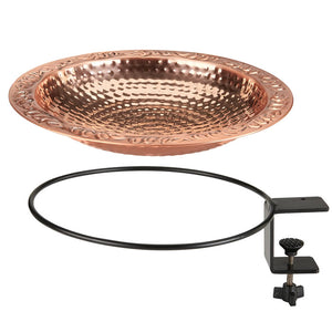 Pure Copper Deck Mount Bird Bath with black ring, featuring a decorative lip for birds to perch, and an easy-to-attach deck mount.