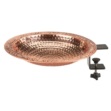 Pure Copper Deck Mount Bird Bath with black handle, close-up view showing its smooth copper finish and decorative lip for birds to perch and drink.