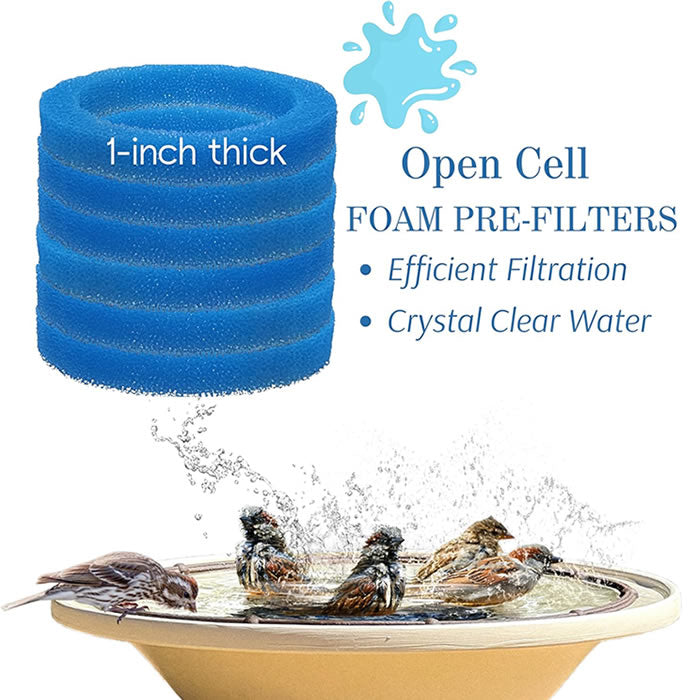 Quackups Replacement Pre-Filter, 6-Pack, shown in a bowl of water with birds, ensures clean water for solar bird bath bubblers.