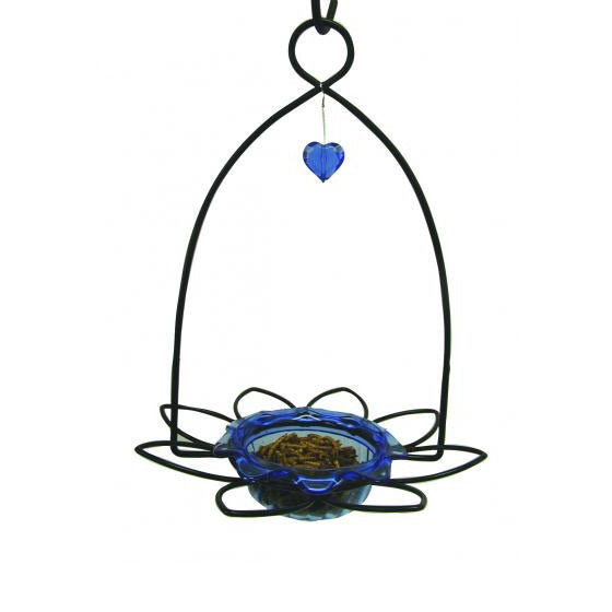 Bluebird Flower Feeder with a decorative heart-shaped gem and flower-shaped dish, designed to attract bluebirds for feeding.