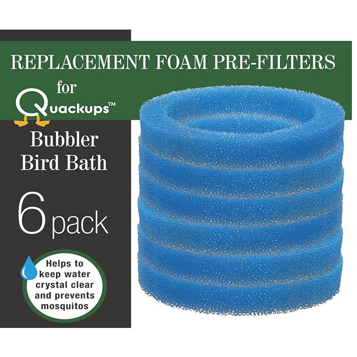 Quackups Replacement Pre-Filter, 6-Pack: A stack of blue foam sponge filters for solar bird bath, ensuring clean water for outdoor fountains.