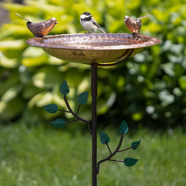 Pure Copper Bird Bath Stake with Birds, featuring a decorative lip, two perched birds, and a tree-themed garden pole, ideal for outdoor bird watching.