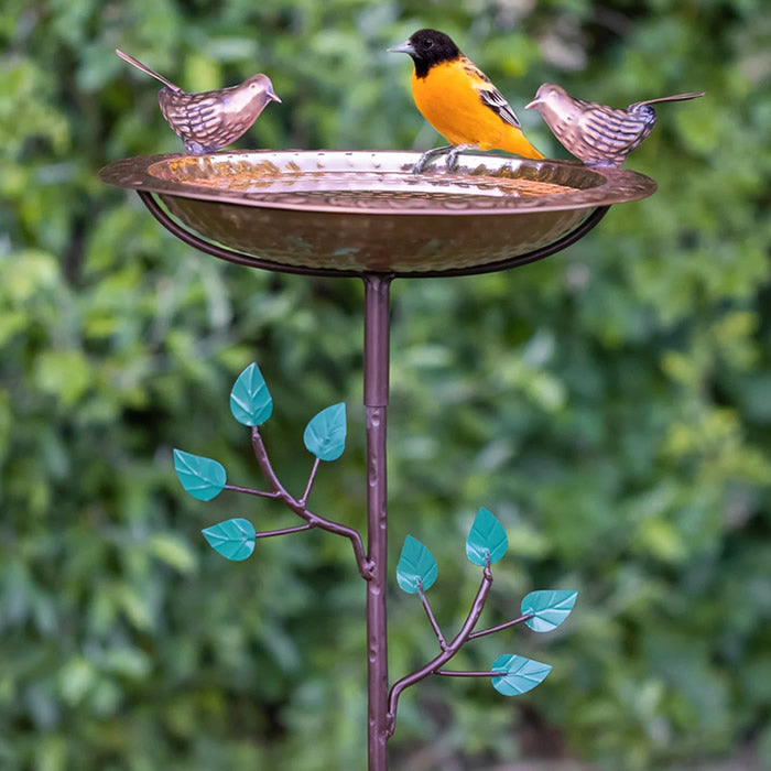 Pure Copper Bird Bath Stake with Birds (40% OFF) featuring two perched birds, a decorative lip, and a tree-themed garden pole. Ideal for outdoor use and easy maintenance.