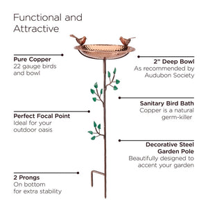 Pure Copper Bird Bath Stake with Birds (40% OFF): Bird bath with instructions, featuring a decorative lip, textured base, and artisan-hammered copper bowl on a garden pole with bird accents.