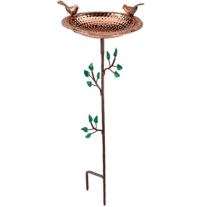 Pure Copper Bird Bath Stake with Birds (40% OFF) on a decorative stand with perching birds, tree-themed pole, textured base, and artisan-hammered copper bowl.