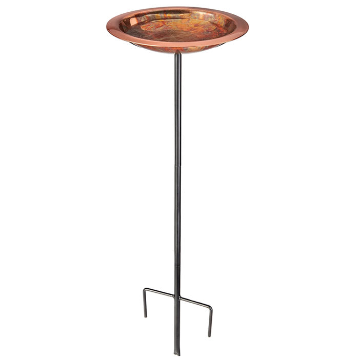 Pure Copper Bird Bath Stake Fired Finish with decorative lip and textured base, mounted on a black powder-coated metal stand, ideal for outdoor use.