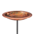 Pure Copper Bird Bath Stake Fired Finish with metal rim, textured basin, and decorative lip on a sturdy steel pole, ideal for outdoor bird watching.