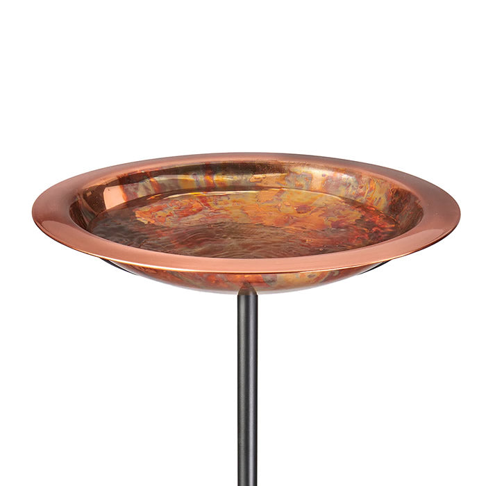 Pure Copper Bird Bath Stake Fired Finish with metal rim, textured basin, and decorative lip on a sturdy steel pole, ideal for outdoor bird watching.