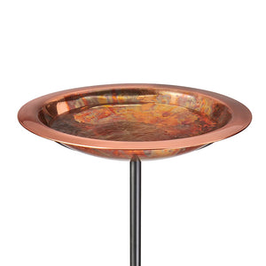 Pure Copper Bird Bath Stake Fired Finish with metal rim, textured basin, and decorative lip on a sturdy steel pole, ideal for outdoor bird watching.