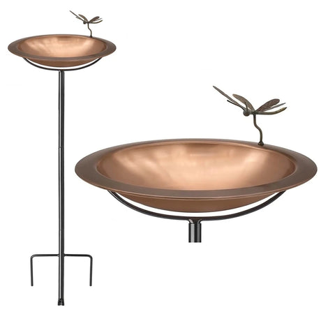 18 Torched Copper Basin With Fairy: A decorative bird bath featuring a copper bowl on a tall stake, adorned with a dragonfly ornament.