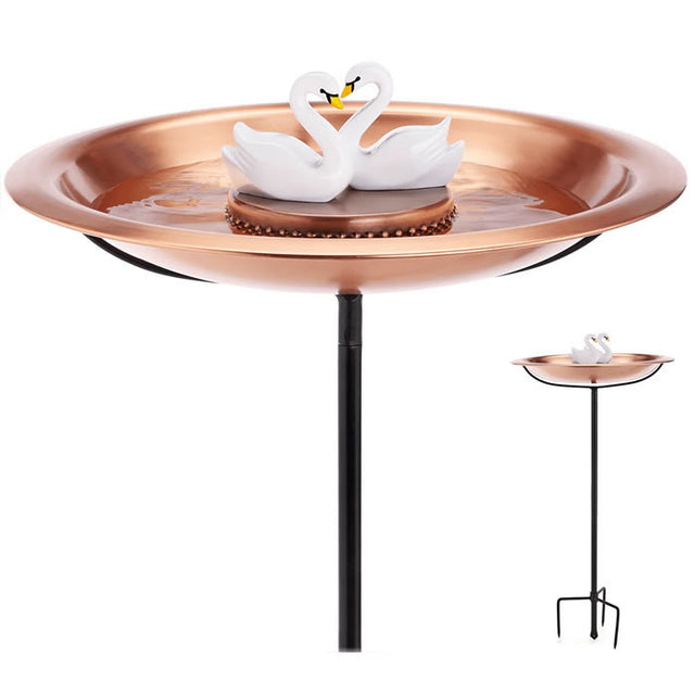 Matte Copper Bird Bath with Swans and Garden Pole: Features two swans forming a heart, copper basin, and a sturdy garden pole for easy installation.