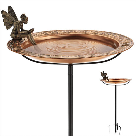 Greek Copper Bird Bath with Fairy and Garden Pole featuring a fairy statue seated on an 18 copper basin atop a durable, powder-coated steel pole.