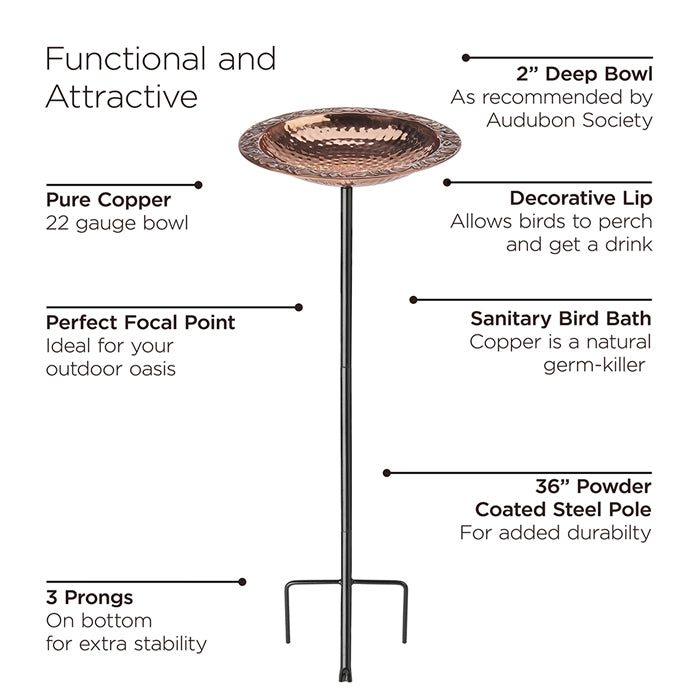 Pure Copper Bird Bath with Garden Pole featuring a textured base, decorative lip, and instructional guide for assembly.