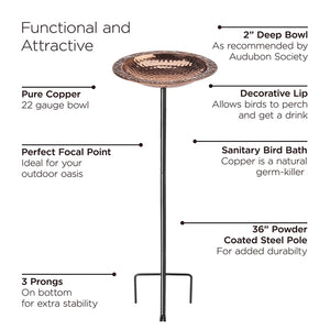 Pure Copper Bird Bath with Garden Pole featuring a textured base, decorative lip, and instructional guide for assembly.