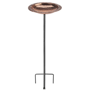 Pure Copper Bird Bath with Garden Pole featuring a textured copper bowl on a sturdy, powder-coated steel stand with a decorative lip for bird perching.