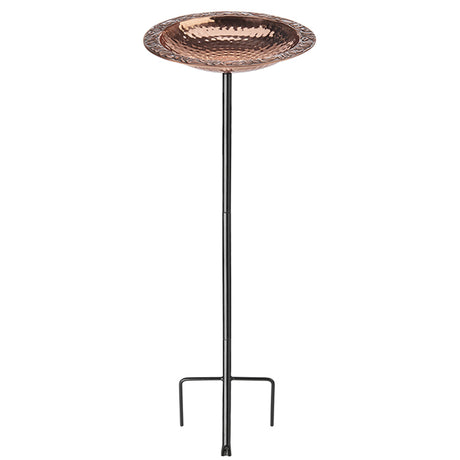 Pure Copper Bird Bath with Garden Pole featuring a textured copper bowl on a sturdy, powder-coated steel stand with a decorative lip for bird perching.