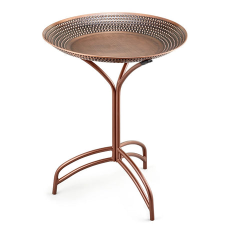 Copper Tranquility Bird Bath with Collapsible Stand, featuring a round metal table with a hand-punched beaded copper basin and secure non-slip rubber adhesives.