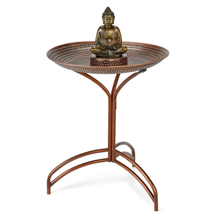 Copper Bird Bath with Meditating Buddha on Pedestal featuring a detailed bronze statue on a sturdy metal table with an etched basin and no-tip design.