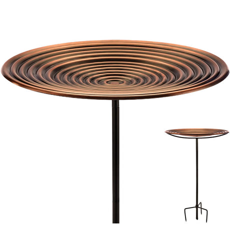 Bronze Ripples Bird Bath with Garden Pole features a hammered copper bowl on a durable, black metal pole with a four-prong base for stability.